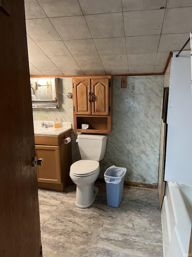 bathroom featuring vanity, toilet, and a tub to relax in