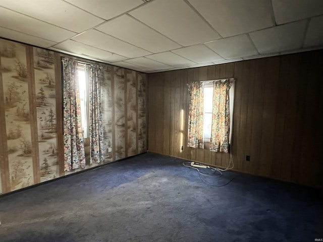 carpeted spare room with wooden walls