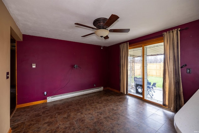 spare room featuring baseboard heating and ceiling fan