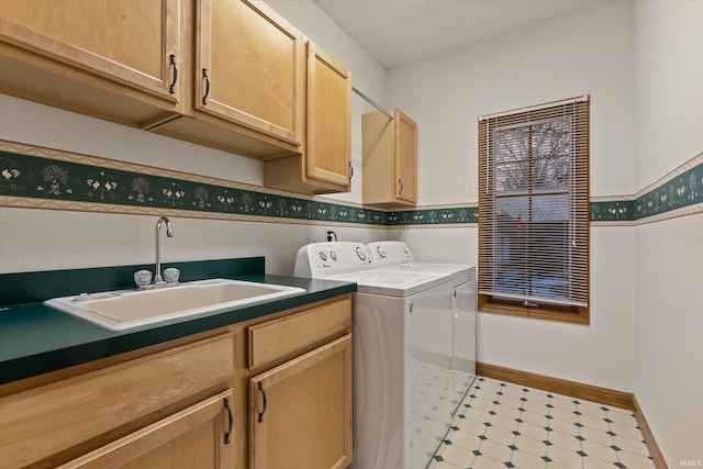 laundry room featuring washer and clothes dryer, cabinets, and sink