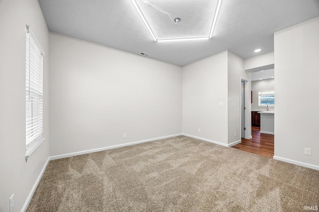 empty room featuring carpet floors and a textured ceiling