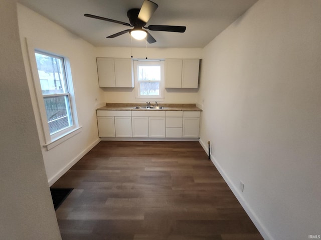 kitchen with dark hardwood / wood-style flooring, white cabinetry, ceiling fan, and sink