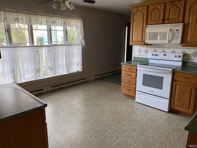 kitchen with decorative backsplash, ceiling fan, white appliances, and baseboard heating