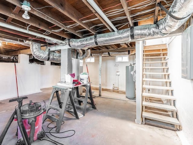 basement featuring electric panel and water heater