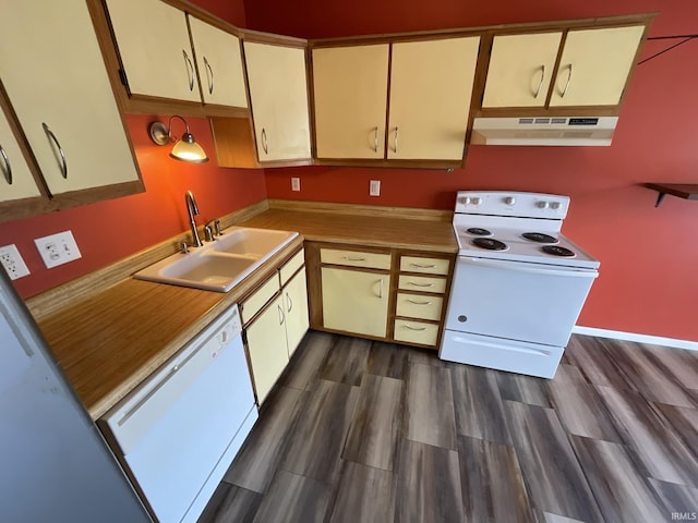 kitchen with sink, dark wood-type flooring, and white appliances