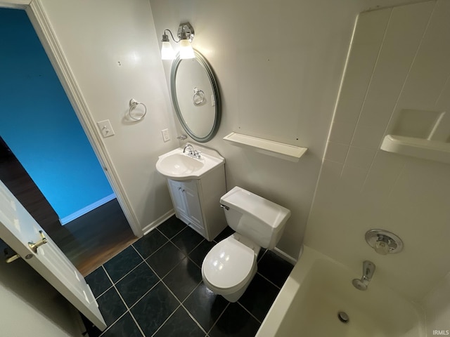 full bathroom with tile patterned flooring, vanity, tub / shower combination, and toilet