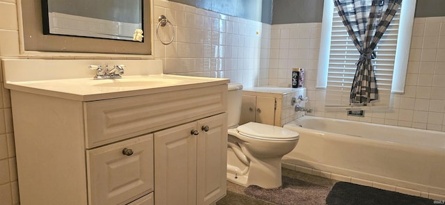 full bathroom with vanity, shower / bathtub combination, toilet, and tile walls