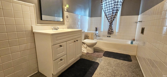 full bathroom with shower / bathtub combination, vanity, toilet, and tile walls