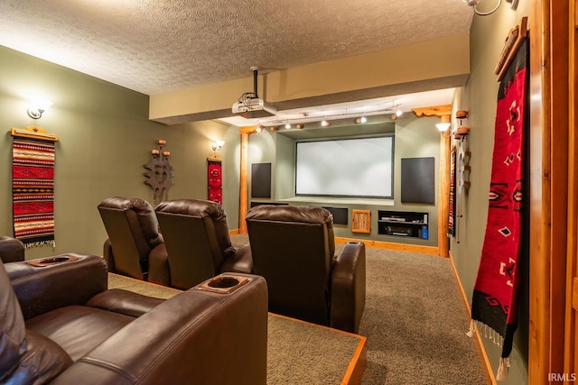 carpeted home theater featuring a textured ceiling