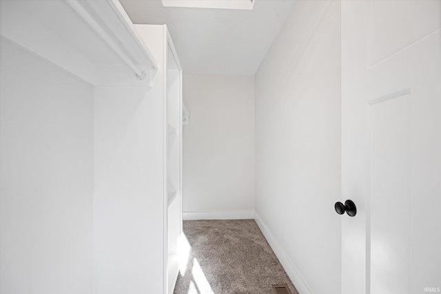 walk in closet featuring light colored carpet