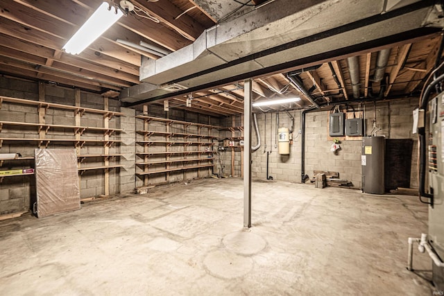 basement with electric panel and water heater