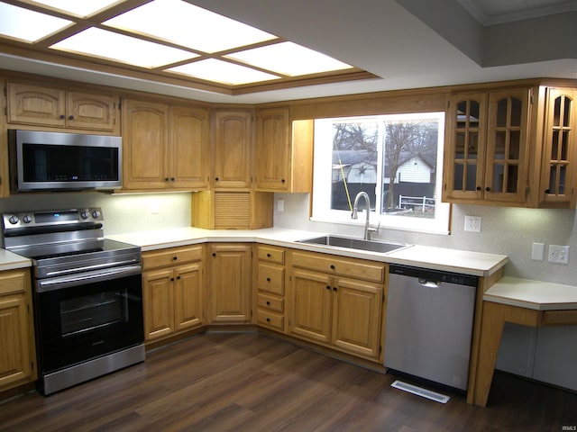 kitchen featuring dark wood-type flooring, sink, stainless steel appliances, and ornamental molding