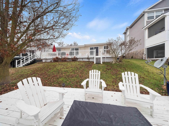 wooden terrace featuring a yard