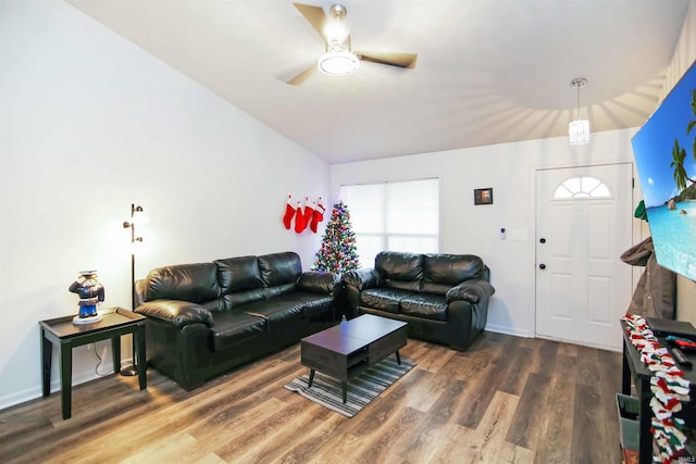 living room with ceiling fan and wood-type flooring