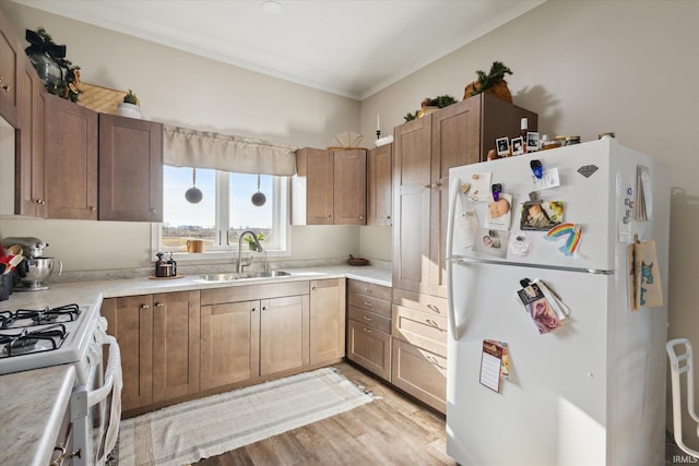 kitchen with crown molding, sink, white appliances, and light hardwood / wood-style flooring