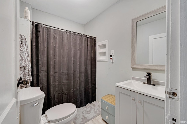 bathroom with vanity, wood-type flooring, and toilet