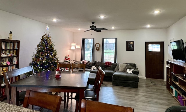 dining room with ceiling fan and light wood-type flooring