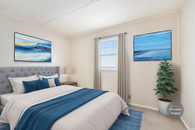 bedroom featuring carpet flooring and crown molding