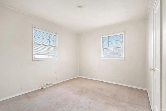 empty room with light colored carpet and crown molding