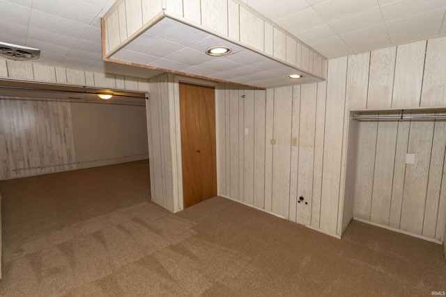 basement with wood walls and carpet floors