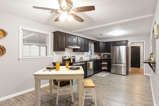 kitchen featuring sink, stainless steel appliances, backsplash, light hardwood / wood-style floors, and dark brown cabinets