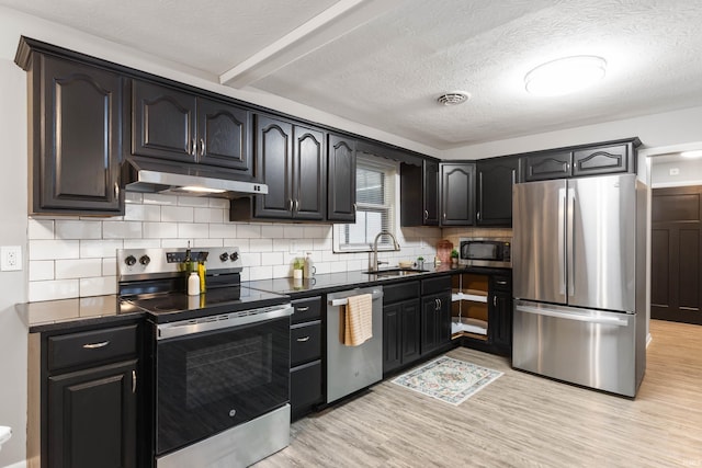 kitchen featuring sink, stainless steel appliances, light hardwood / wood-style floors, a textured ceiling, and decorative backsplash