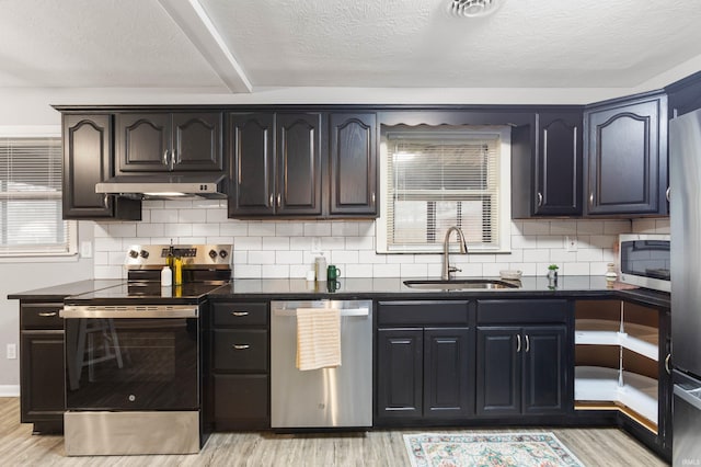 kitchen with tasteful backsplash, sink, light hardwood / wood-style floors, and appliances with stainless steel finishes