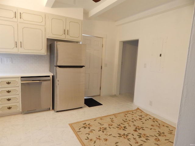 kitchen featuring tasteful backsplash, beamed ceiling, electric panel, white cabinets, and appliances with stainless steel finishes