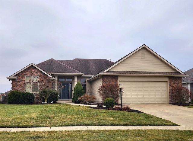 ranch-style house featuring a garage and a front yard