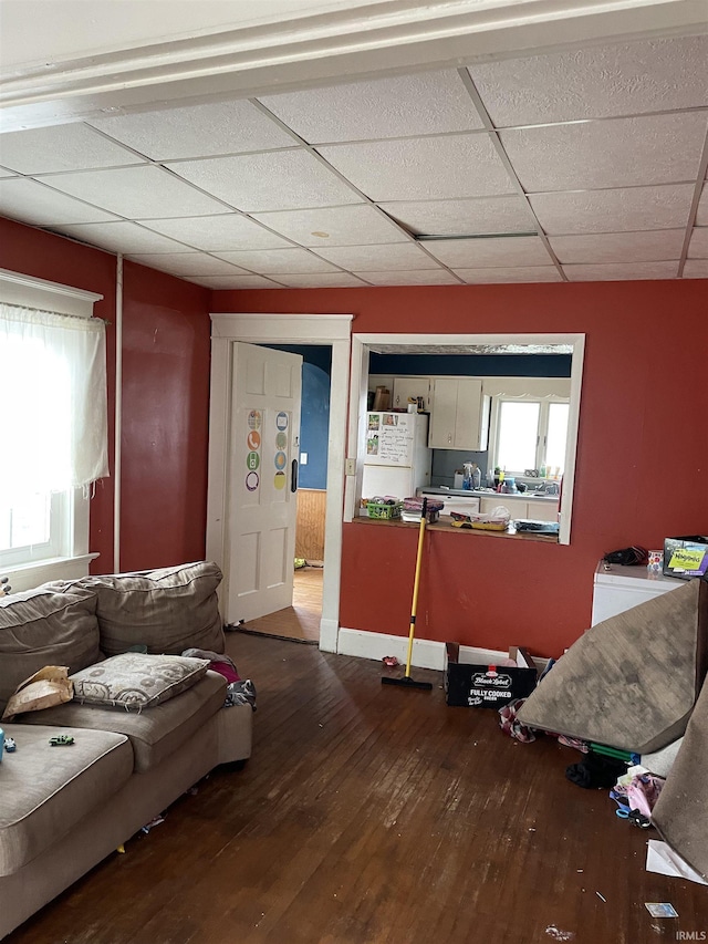 living room with hardwood / wood-style floors, plenty of natural light, and a paneled ceiling