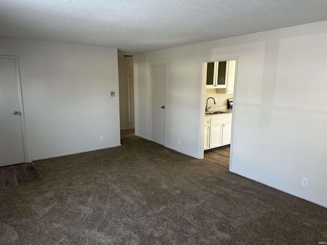 carpeted empty room featuring a textured ceiling and sink