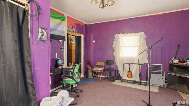 carpeted office featuring ornamental molding