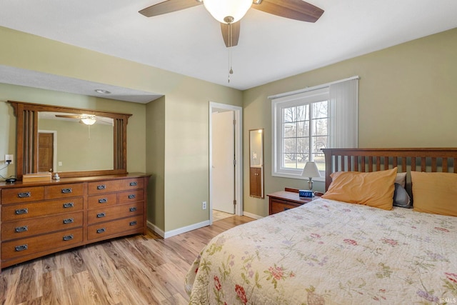 bedroom with ceiling fan and light hardwood / wood-style flooring