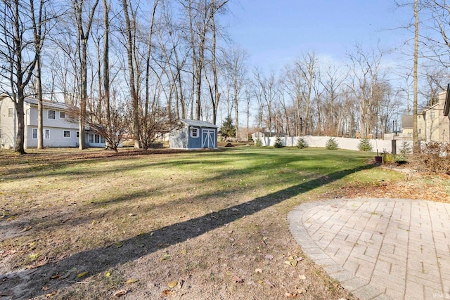 view of yard featuring a patio area and a storage shed