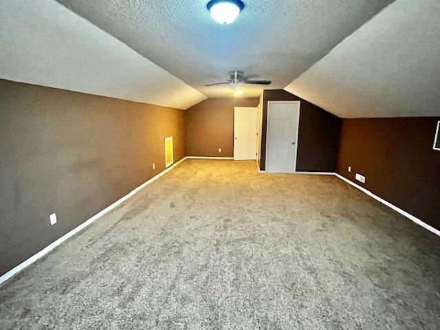 additional living space with carpet, a textured ceiling, and vaulted ceiling