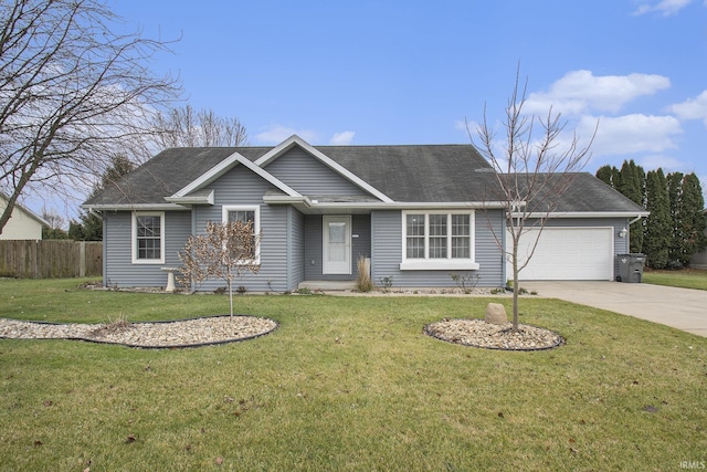 ranch-style home with a garage and a front yard