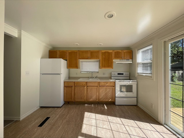 kitchen with white appliances, light hardwood / wood-style floors, ornamental molding, and sink