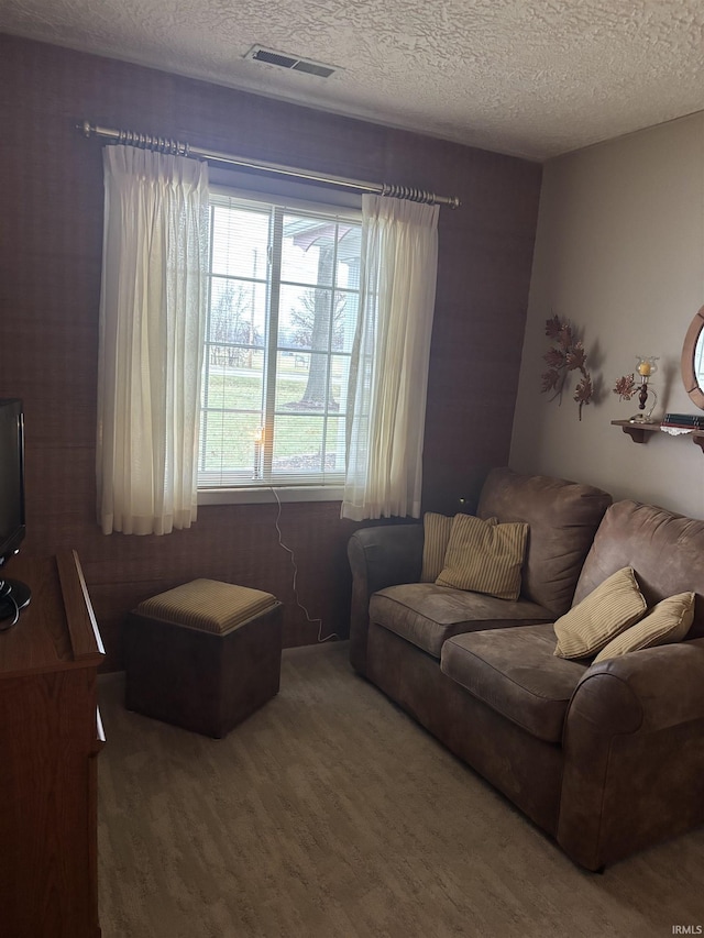 living room with hardwood / wood-style floors and a textured ceiling