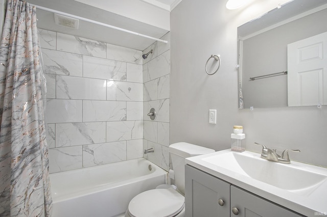 full bathroom with toilet, vanity, crown molding, and shower / bath combo with shower curtain