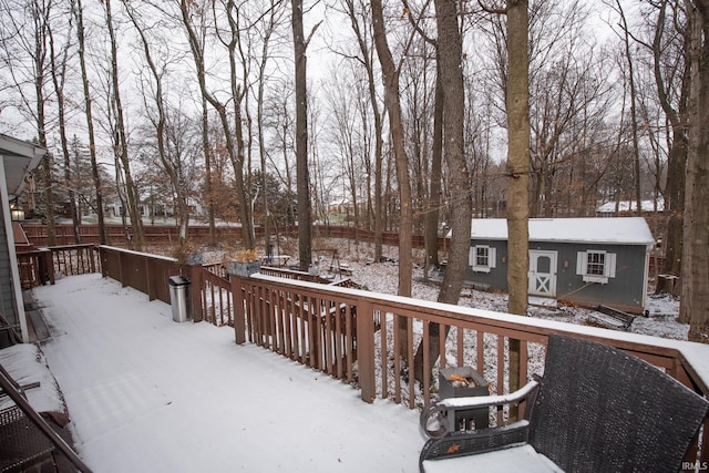 view of snow covered deck