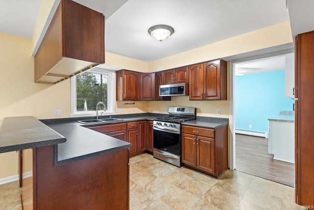 kitchen featuring sink, light hardwood / wood-style flooring, appliances with stainless steel finishes, a baseboard radiator, and kitchen peninsula