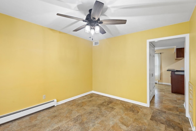 spare room featuring baseboard heating and ceiling fan