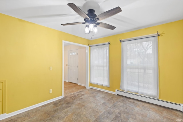 unfurnished room with ceiling fan and baseboard heating