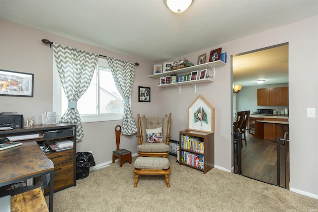 sitting room featuring light colored carpet