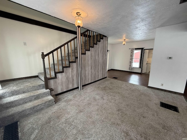 interior space with carpet flooring and a textured ceiling