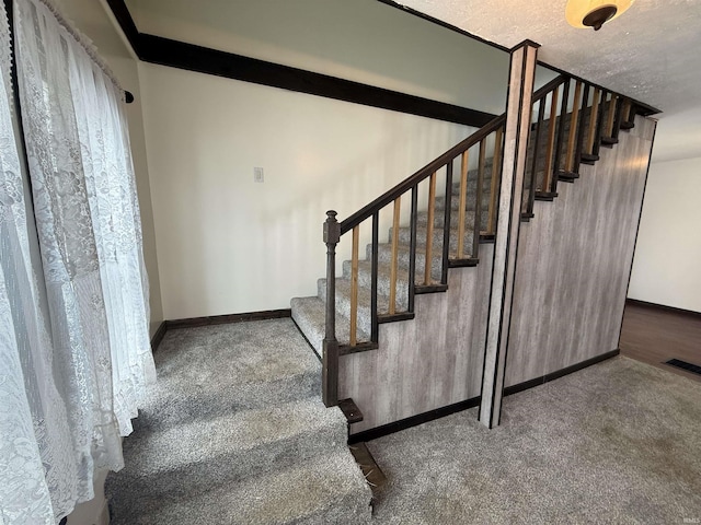 stairs featuring carpet and a textured ceiling