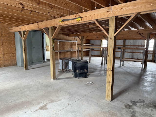 basement with a wood stove