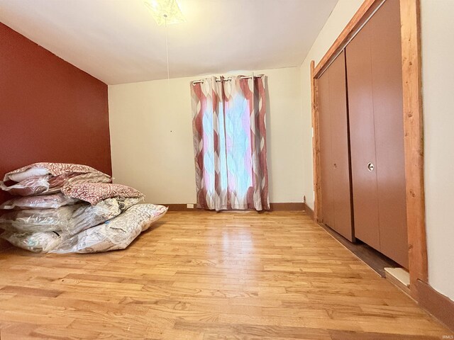 bedroom featuring light hardwood / wood-style floors, vaulted ceiling, and a closet