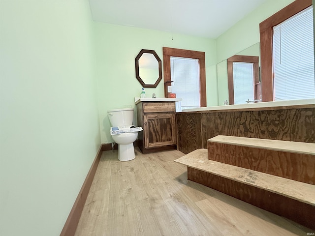 bathroom featuring hardwood / wood-style floors, vanity, toilet, and plenty of natural light