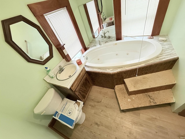 bathroom with plenty of natural light, wood-type flooring, sink, and tiled bath